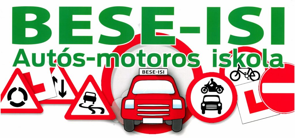 Bese-Isi Autós-motoros Iskola – közlekedési táblák és piros autó